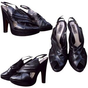 Vintage Moschino Black Reptile Embossed 40s Peep Toe Slingback Platform Heel SZ9